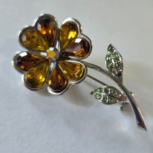 Vtg Silver & Amber-Tone Flower Brooch Pin Daisy Sunflower Green Pavé Rhinestones